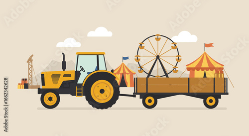 Tractor pulling ferris wheel fairground illustration fun environment side view festival concept. Vector illustration