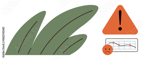 Sad face near decreasing graph alongside warning triangle and green leaves conveying climate, environment, conservation, eco-crisis, risk, sustainability, and awareness. Simple flat metaphor