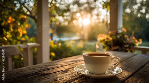 Hot coffee cup on rustic wooden table with sunrise view from cozy porch