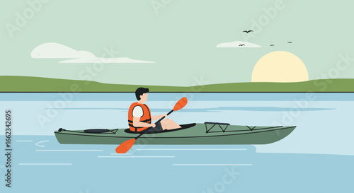 Kayaking adventure at sunset on tranquil lake lifestyle activity serene environment scenic view. Vector illustration