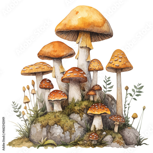 Forest Mushrooms, watercolor illustration vector, isolated on a white background.