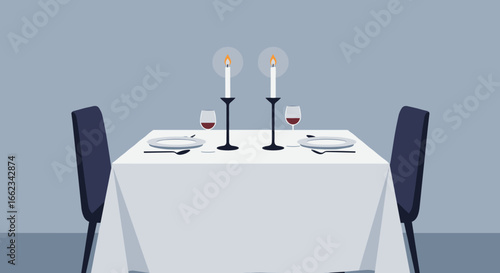 Romantic dinner setup cozy restaurant digital illustration calm atmosphere eye-level view intimate dining experience. Vector illustration