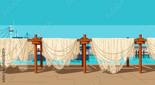 Fishing nets drying by the shore coastal harbor digital illustration sunny environment panoramic view marine concept. Vector illustration