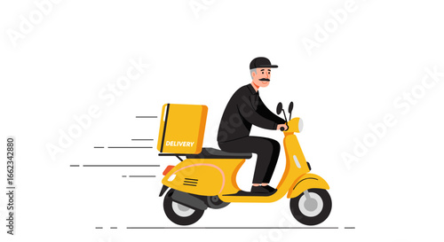 Rapid delivery action by scooter urban cityscape digital illustration dynamic motion vibrant colors. Vector illustration