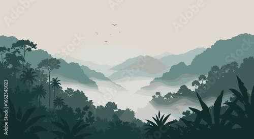 Exploring serene mountain landscapes lush forests digital art tranquil nature wide angle peaceful escapism. Vector illustration