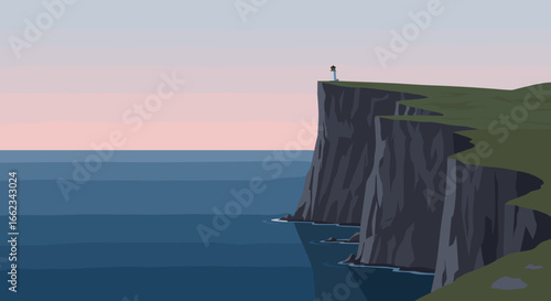 Solo figure standing on cliff overlooking ocean at sunset minimalist artwork tranquil environment. Vector illustration