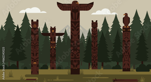 Cultural totem poles representing heritage in a forested landscape digital art serenity and tradition. Vector illustration