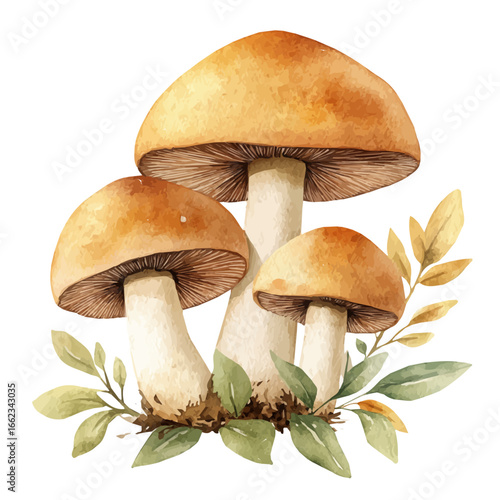 Forest Mushrooms, watercolor painting vector, isolated on a white background.