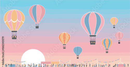 Colorful hot air balloon festival at sunrise outdoor event vibrant scene scenic view dreamy atmosphere. Vector illustration