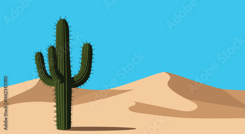 Desert landscape featuring a saguaro cactus arid region illustration sunny environment eye-level perspective. Vector illustration