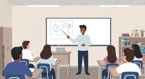 Teacher engaging students in classroom educational setting digital learning interactive environment front view. Vector illustration