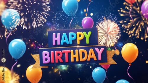 Festive Birthday Celebration with Balloons and Fireworks