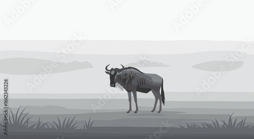Wildebeest migration serengeti national park wildlife art natural habitat side view survival in nature. Vector illustration