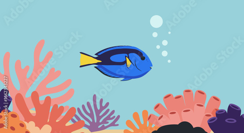 Vibrant blue fish swimming among coral reefs underwater scene animated illustration colorful environment fun concept. Vector illustration