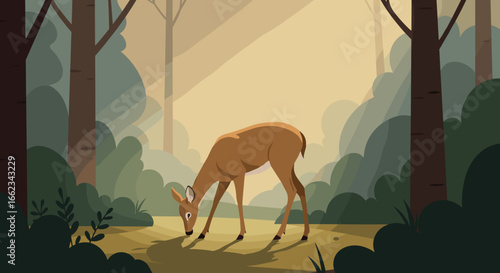 Deer grazing in serene forest nature illustration calm environment captivating viewpoint. Vector illustration