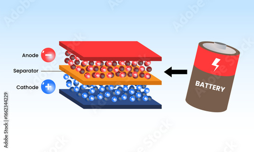 Battery structure showing anode, cathode, and separator in an electrochemical cell, Internal parts of a battery with anode, cathode, and separator, How does a lithium-Ion battery work?