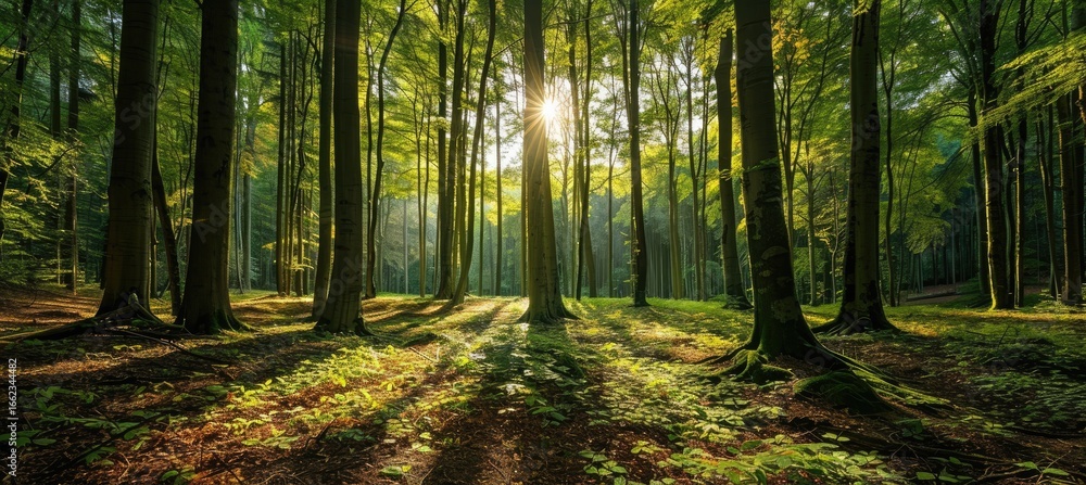 Obraz premium Sunlight streams through a dense forest (1)