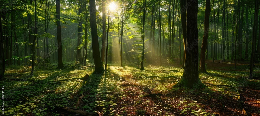 Obraz premium Sunlight streams through a dense forest