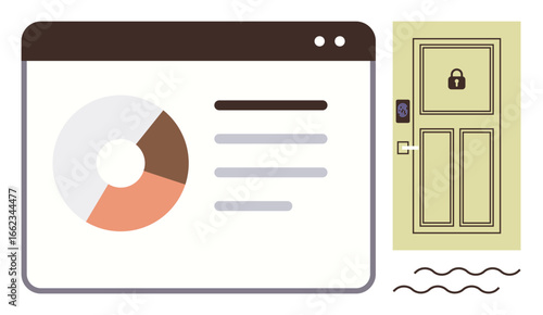 Pie chart in browser window next to locked door with keypad lock. Ideal for security, analytics, data protection, privacy, smart technology, digital access, simple flat metaphor