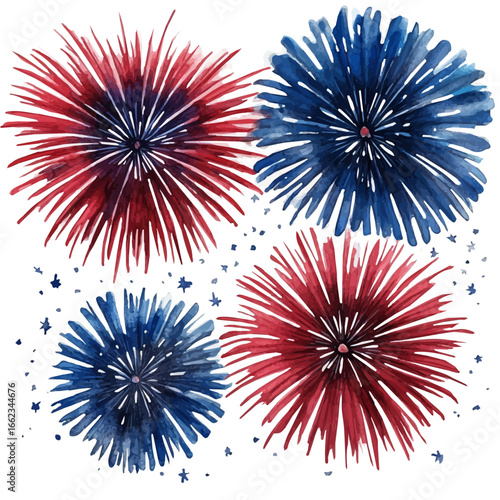 Fireworks Summer Celebration Night, watercolor painting vector, isolated on a white background.