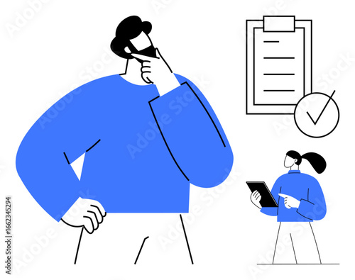 Male figure thinking, checklist with a tick, female holding device pointing. Ideal for teamwork, planning, project management, decision-making, strategy, goals simple landing page