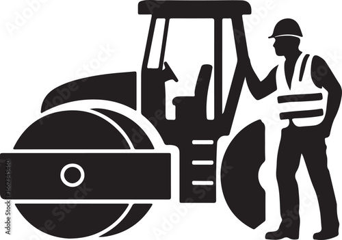 Black silhouette of a road roller machine and a construction worker wearing a hard hat and vest heavy machinery
