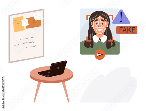 Facial recognition detecting deepfake face with error alert. Laptop on table near pinned notes and writing. Ideal for technology, cybersecurity, AI, research, fraud prevention, workspace ethics