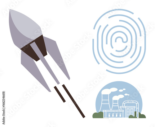 Rocket soaring upward, circular fingerprint pattern, and industrial power plant skyline. Ideal for technology, innovation, security, energy, progress exploration modern design. Simple flat metaphor