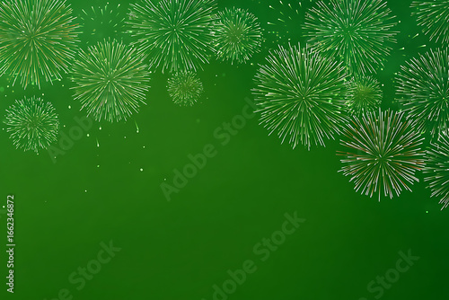 Vibrant green background with bursting firework patterns, suggesting celebration and festivity