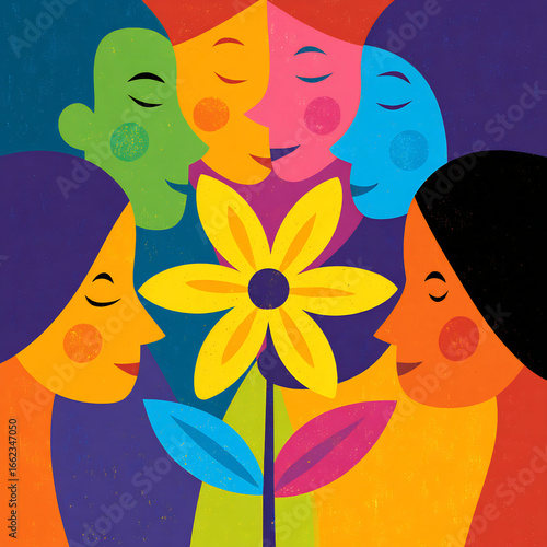 diverse faces sharing flower in center