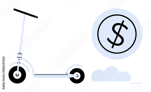 Minimalistic electric scooter with a dollar sign in a circle beside a cloud. Ideal for cost-efficiency, sustainable transport, urban commuting, eco-living, modern mobility, technology, simple flat