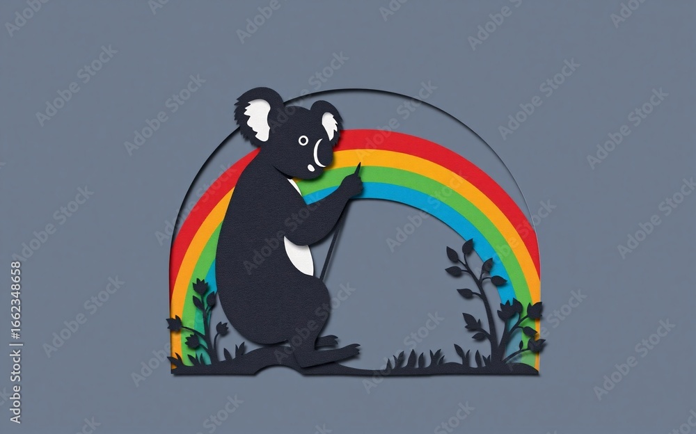 Fototapeta premium A cute koala in a paper cut-out style, resting under a vibrant rainbow. Silhouetted foliage frames the scene, all on a grey background.