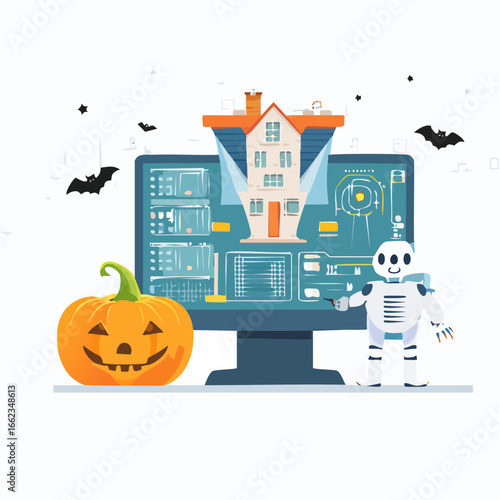 AI-inspired Halloween vector illustration featuring robot pumpkin, hologram ghost, digital witch, and smart haunted house with glowing circuits in a clean futuristic style.
