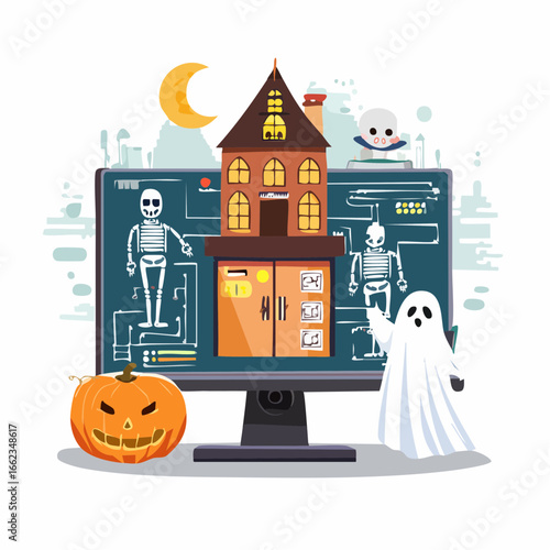 AI-inspired Halloween vector illustration featuring robot pumpkin, hologram ghost, digital witch, and smart haunted house with glowing circuits in a clean futuristic style.
