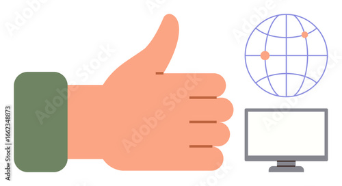 Thumbs up hand gesture, globe with connection points, and computer monitor. Ideal for approval, global reach, digital connection, networking, technology communication business success. A simple
