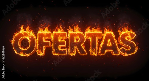 Letreiro 3D “OFERTAS” em fogo ardente, letras em chamas com faíscas e fundo preto intenso para efeito dramático