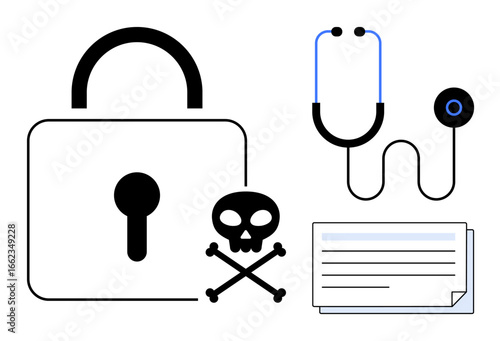 Padlock, skull and crossbones, stethoscope, and document highlight data security risks in healthcare. Ideal for cybersecurity, healthcare privacy, digital safety, hacking awareness, medical