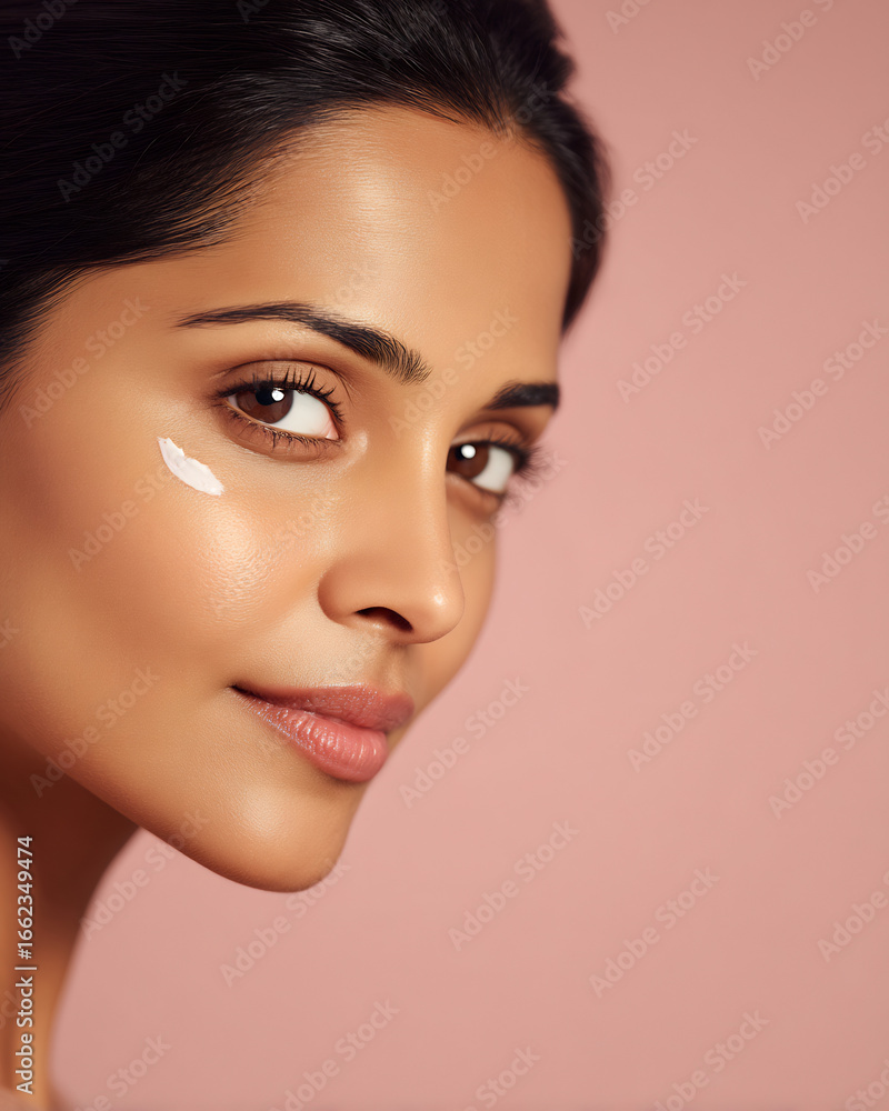 Fototapeta premium indian woman with kohl-lined eyes and skincare closeup on pastel background