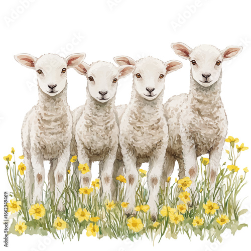 watercolor vector of Cute Lambs Green Meadow, isolated on a white background.