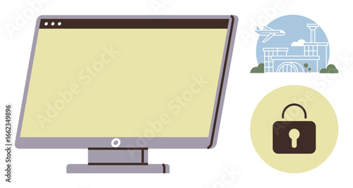 Computer monitor with blank display, airplane and airport scene, secure lock icon. Ideal for cybersecurity, travel tech, airport security, tech integration, data protection, digital safety simple