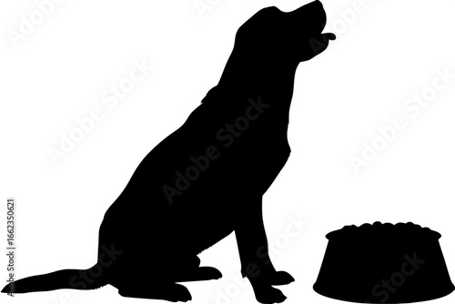 Playful posture:
A black silhouette of a dog sitting with its head tilted playfully upward, gray food bowl with brown kibble in front, minimalistic white background, flat graphic style.