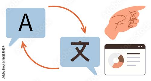 Speech bubbles showing text translation, arrows indicating process flow, hand gesture for interaction, and analytics window. Ideal for communication, localization, education, interface, technology