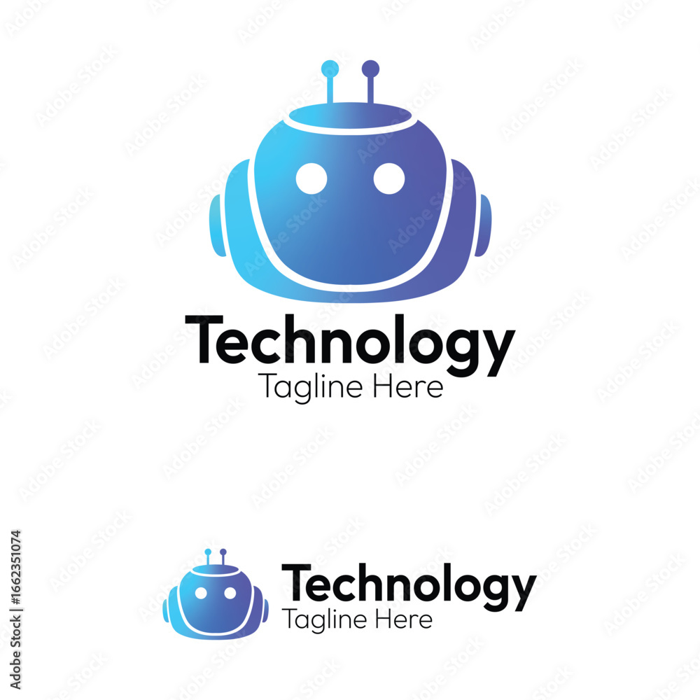 Fototapeta premium Gradient blue cute robot vector logo design concept, a modern symbol for AI, technology, software, and digital solutions