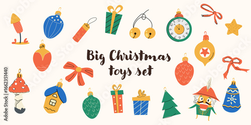 Christmas Toys Set – Festive Holiday Ornaments, Gifts, Decorations and Seasonal Elements for Greeting Cards and Design