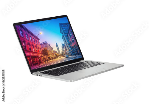 Hovering laptop with gameplay on screen isolated on white background PNG. Floating gaming laptop, digital entertainment, video game illustration, tech device showcase, and modern electronics design