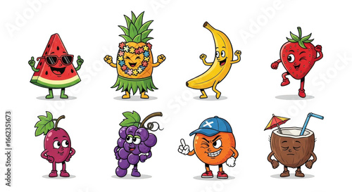 Photo of a collection of cute and happy cartoon fruit characters dancing and enjoying themselves on white