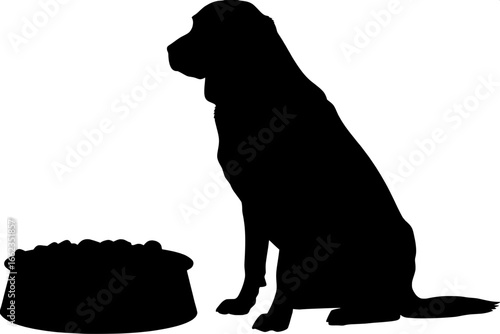 Minimalist silhouette style:
A black silhouette of a sitting dog facing forward with a gray food bowl filled with brown dog food on its right side, plain white background, flat minimalist illustration