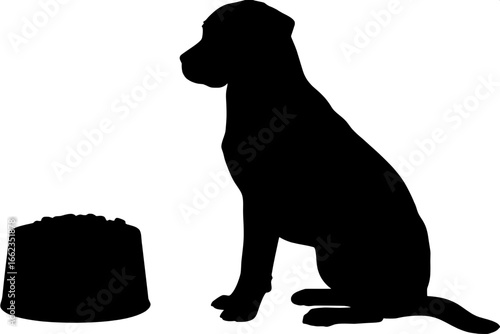 Minimalist silhouette style:
A black silhouette of a sitting dog facing forward with a gray food bowl filled with brown dog food on its right side, plain white background, flat minimalist illustration