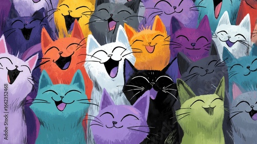 Colorful group of laughing cartoon cats with joyful expressions