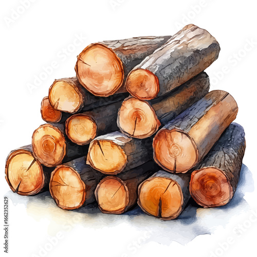 watercolor of Cozy Fireplace Firewood Stack, vector, isolated on a white background.